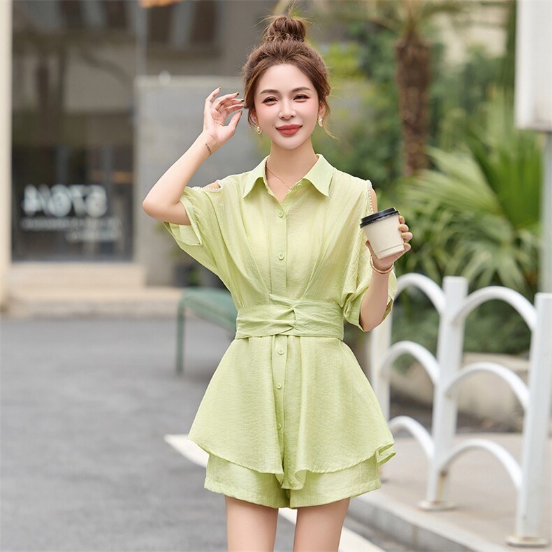 高端时尚钉珠漏肩套装女2025夏季新款洋气收腰显瘦气质短裤两件套，女装套装/套裙，心心服饰