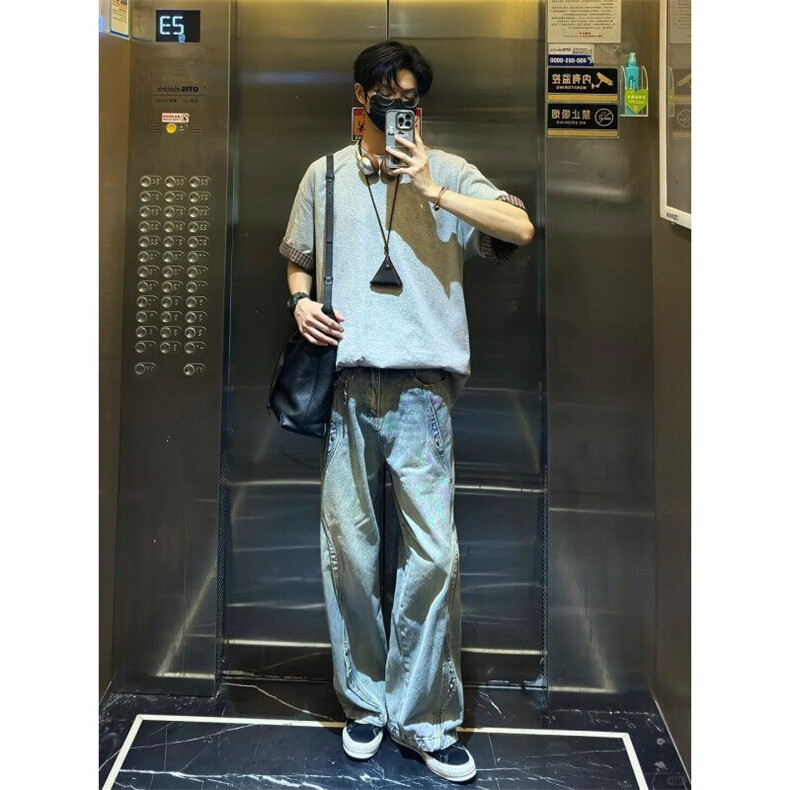 TXY44LL-P37cleanfit美式复古格子拼接短袖t恤高级感小领口半袖,男装T恤,星座1007（原301D）