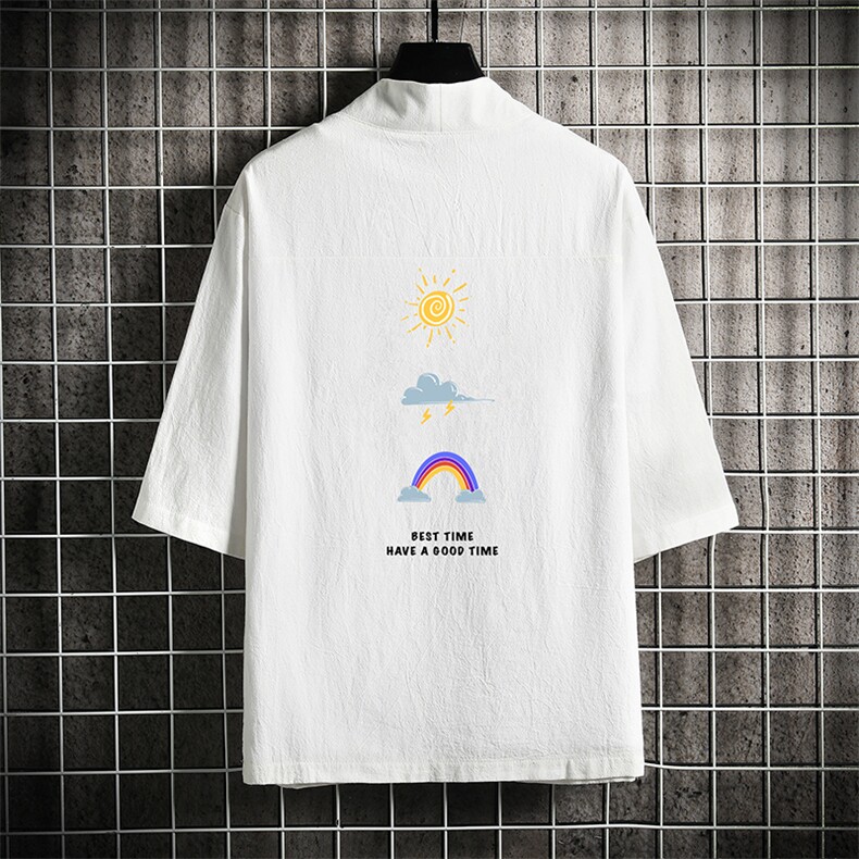 HF59141-P40风汉服男开衫外套七分袖道袍网格挂拍,男装民族服装,电商A040A