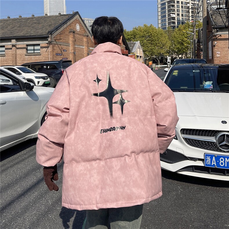 港风立领PU皮复古做旧印花字母图案设计棉衣男MY77719P130控178，男装棉衣，星座227-7
