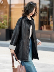 【大量现货】秋季女装新款时尚立领潮流金属丝中长款腰带皮衣外套，女装皮衣，魅衣本色