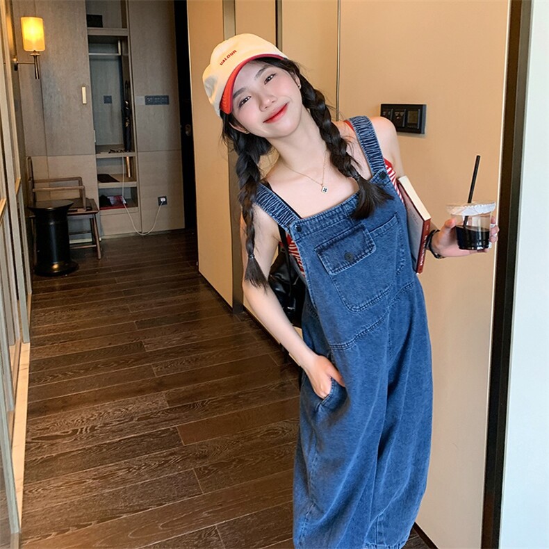 设计感松紧肩牛仔背带裤洋气百搭休闲减龄宽松显瘦阔腿裤连体裤女，女装连体裤，辉之琳
