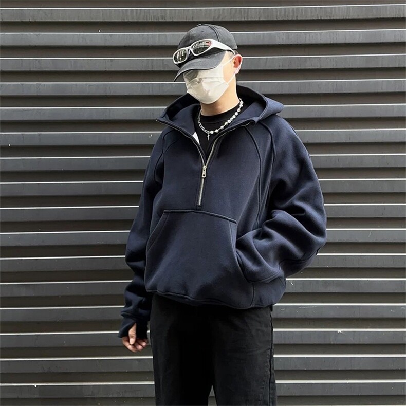 抖音得物二开美式重磅宽松结构拉链设计防风高领连帽卫衣外套W76,男装卫衣,电商A486