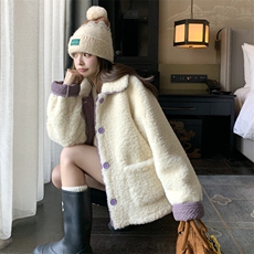 米白色超好看羊羔毛外套2024新款女冬甜美减龄短款皮毛一体棉服，女装毛呢外套，帛香坊