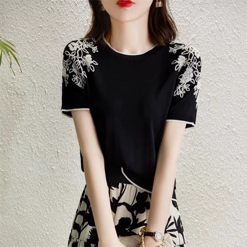 夏季大码冰丝针织衫女士短袖t恤宽松遮肚子巨显瘦,女装T恤,德聚羊绒