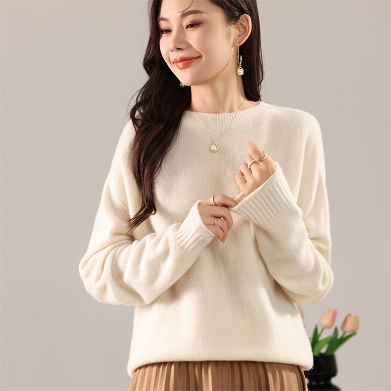 2024年秋冬季新款女时尚百搭显瘦套头圆领长袖羊毛针织衫，女装羊毛衫，若菲羊绒