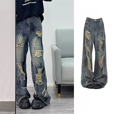 涂鸦破洞牛仔裤美式高街设计感高级cleanfit弯刀直筒裤LA4244-p52，男装牛仔裤，星座1008