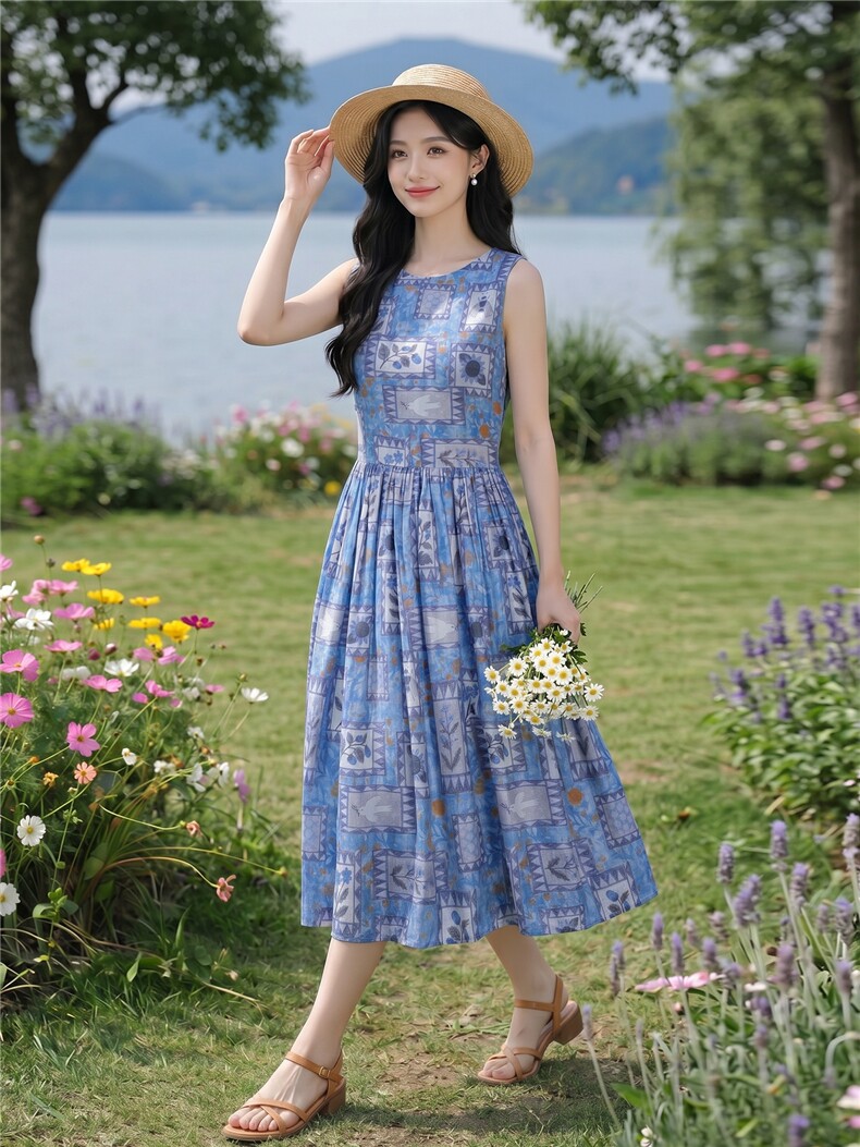 蓝色印花无袖宽松版时尚学院风连衣裙,女装连衣裙,水衣源