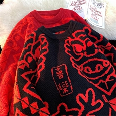 8564-特P58红色毛衣男青少年提花潮针织衫情侣帅气时尚毛线衣，男装针织衫/毛衣，电商D310B