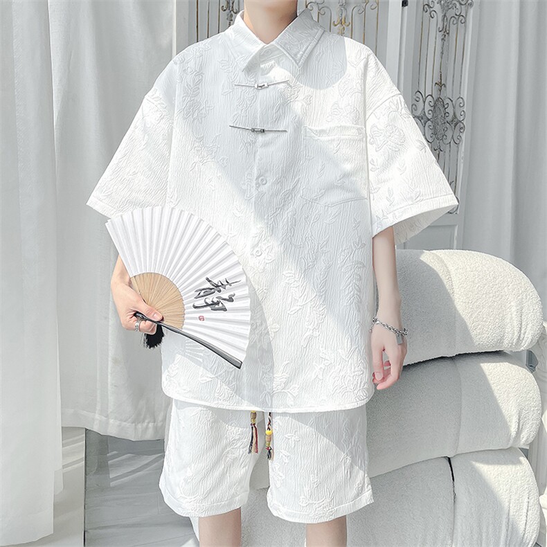 特批P60无差价夏季新中式金属盘扣短袖衬衫短裤男CD2269+DK2169，男装休闲套装，电商A001-1