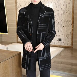 2020高品质男士冬季毛呢格子大衣中长商务款呢子修身外套N05图片