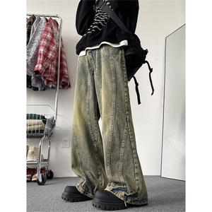 黄泥色牛仔裤男新款美式复古宽松阔腿裤直筒休闲长裤N00331-p60图片