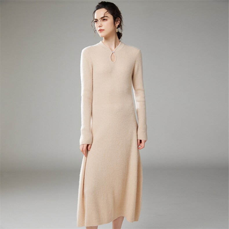 2025年秋季新款中式过膝针织羊绒连衣裙时尚休闲通勤百搭，女装羊绒衫，珍丝贝尔