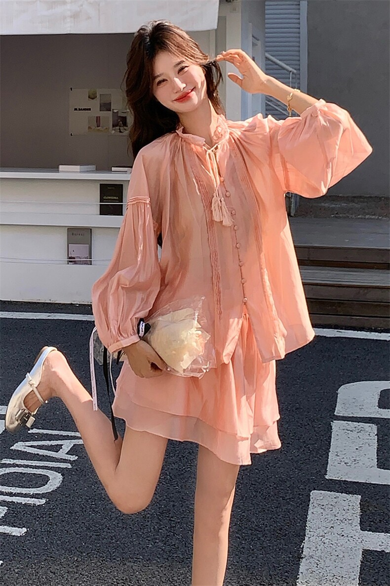 橘粉色轻薄系带衬衫套装裙女2025夏季新款别致漂亮半身裙两件套潮,女装套装/套裙,浙宝305
