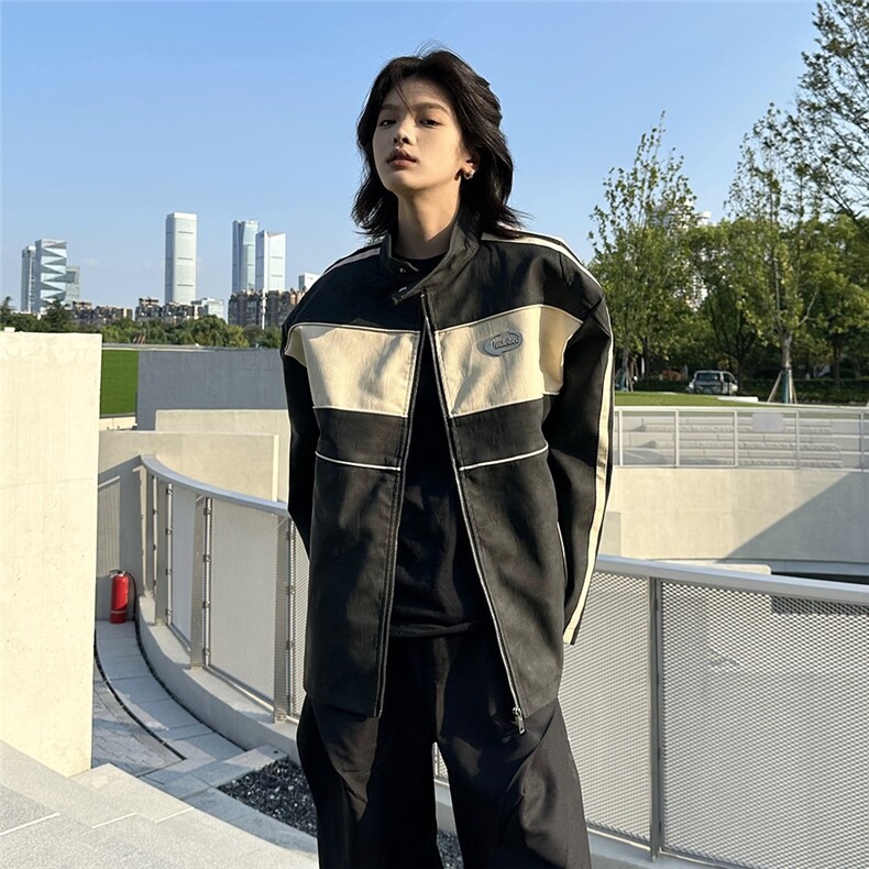 JK8547-P73撞色拼接皮衣外套女春秋季vintage美式夹克高级感,男装夹克,电商B323A