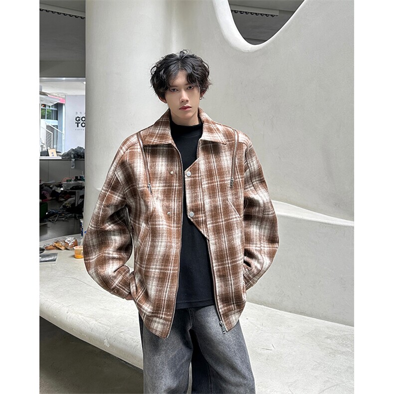 M885TP95毛呢格子外套男港风复古翻领休闲宽松秋冬廓形夹克上衣图片