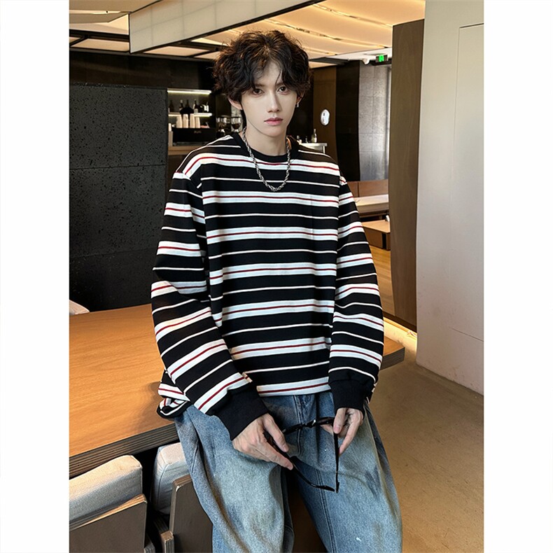 全棉重磅设计感条纹小众长袖T恤男秋季宽松卫衣男A210A-WY05-P48，男装T恤，电商A210A