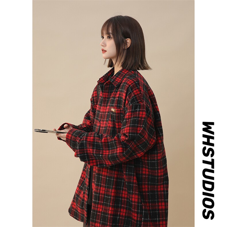 主推现货 早秋冬大码宽松毛呢格子衬衫外套 225-2-CS708-P58图片