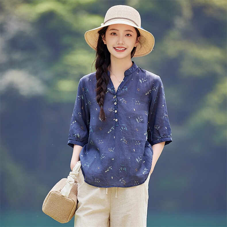 文艺风2026年夏季文艺/优雅短袖宽松型亲肤透气薄款常规苎麻女，女装衬衫，江南依恋