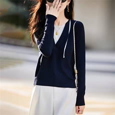 简约撞色连帽针织衫女2025秋季新款上衣假两件带帽毛衣外套打底衫，女装针织衫/毛衣，菲奥羊绒