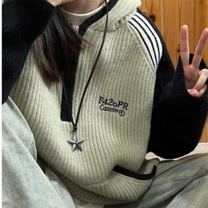 778-P55 美式毛衣女秋冬宽松潮牌撞色插肩袖连帽日系慵懒针织衫图片