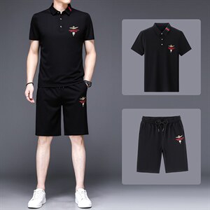 2023新款男士休闲运动套装中年男装夏季翻领短袖t恤冰丝一套衣服图片