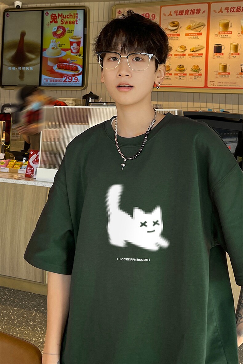 小猫印花圆领卫衣男款春秋季美式潮牌大码休闲上衣青少年重磅外套,男装T恤,电商B371