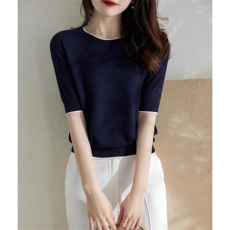 时尚百搭天丝棉短袖针织衫优雅显瘦小香风上衣，女装针织衫/毛衣，雪真羊绒