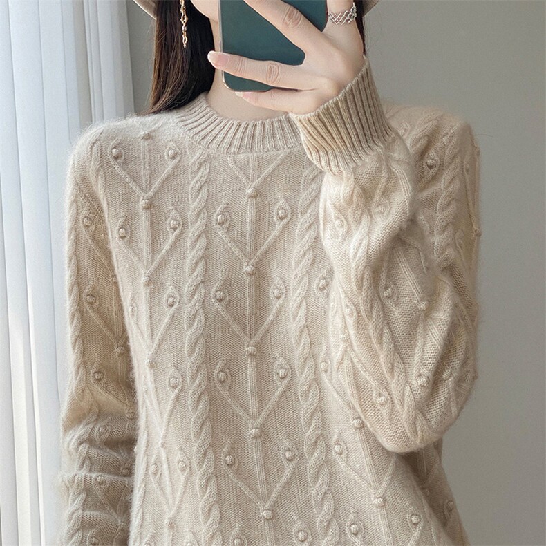 复古麻花100%纯羊毛衫女加厚圆领毛衣2025新款宽松针织衫上衣，女装羊毛衫，吉高羊绒