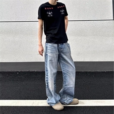 美式复古高街牛仔裤男2025新款高腰显瘦直筒宽松阔腿裤NA6087-P57，男装牛仔裤，星座208-5