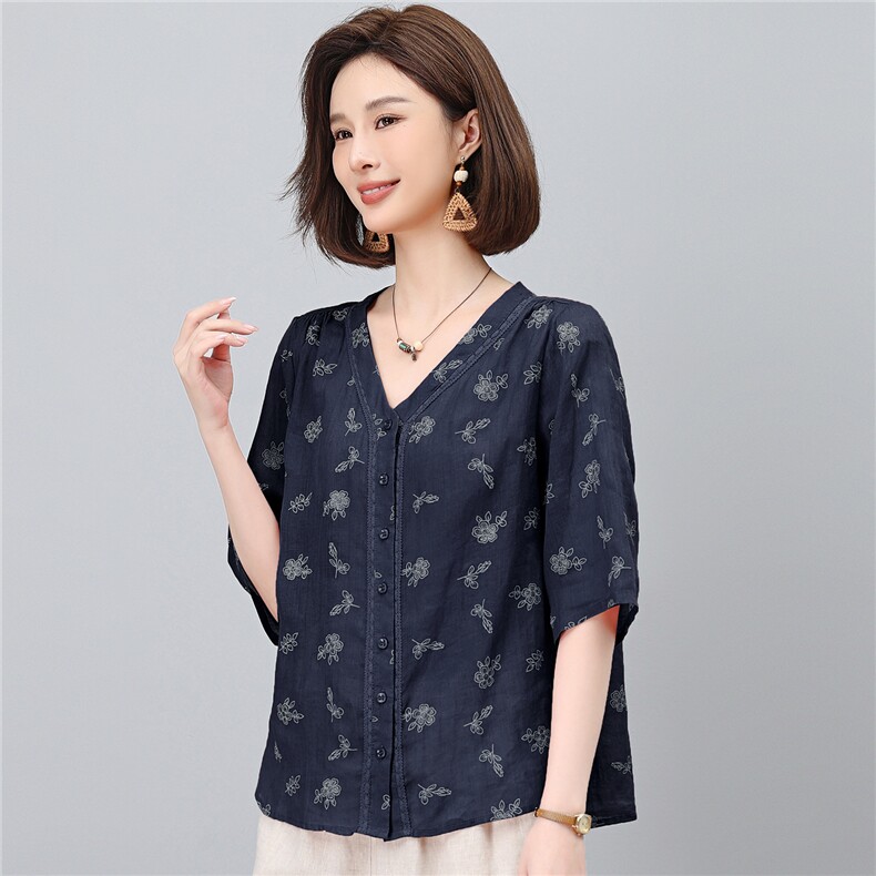 2026夏季苎麻时尚简约大方气质优雅刺绣休闲透气上衣,女装衬衫,独衣靓