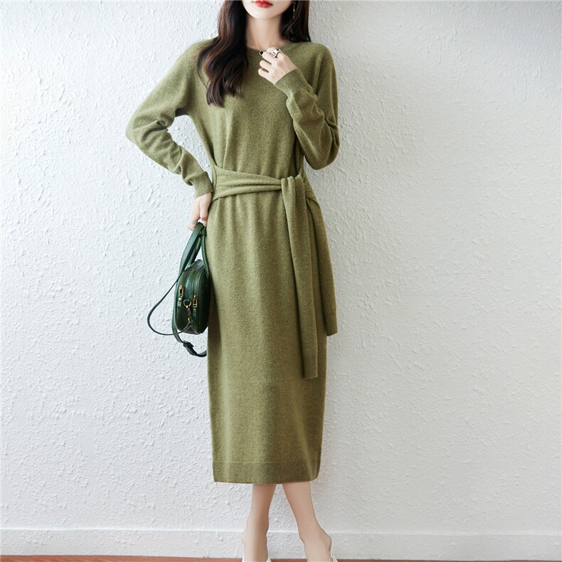 2025百搭时尚简约长款腰带圆领长款连衣裙，女装连衣裙，越洋羊