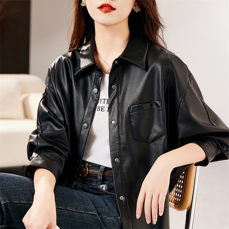 时尚百搭黑色皮衣外套女秋冬季新款宽松显瘦长袖短款机车服上衣,女装皮衣,笃写