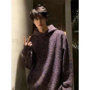 紫色美式毛绒针织卫衣男冬季小众设计感重磅连帽衫小香风情侣外套图片