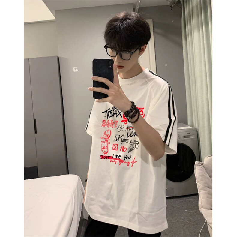 抖音得物高品质二开240克宽松纯棉美式潮牌三条杠织带短袖T恤,男装T恤,电商A486-1