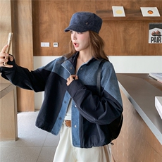 韩系撞色牛仔拼接外套女2025秋季新款小个子宽松休闲百搭夹克上衣，女装短外套，1C071-1