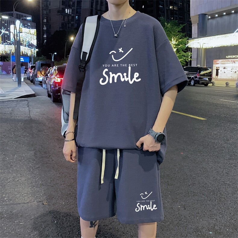 wassuphappy青少年短袖t恤男夏季冰丝宽松套装华夫格休闲运动服,男装T恤,电商B220