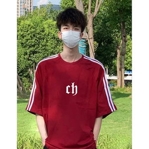 抖音得物高品质二开240克宽松纯棉美式潮牌三条杠织带短袖T恤图片