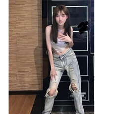 美式破洞牛仔裤女新款夏季高腰修身裤子高街开叉直筒WLG8802-P45，男装牛仔裤，星座1008