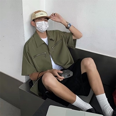 街头翻领拉链四角星设计短袖衬衫外穿纯色T恤男潮-CY02-p43，男装衬衫，星座601-2