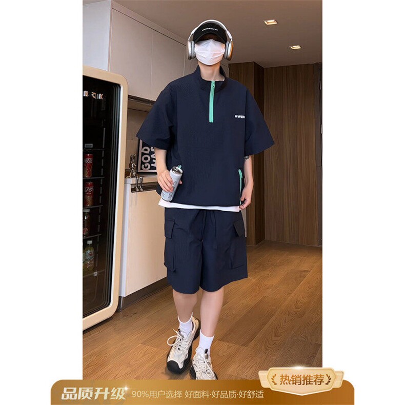 泡泡纱立领短袖短裤两件套男生夏季薄款速干休闲运动套装TZ115,男装防晒衣,电商D315