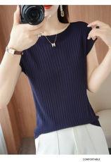 2025年秋季新款中袖女上衣短袖薄款针织半袖打底衫休闲纯色短袖，女装T恤，德尔信羊绒