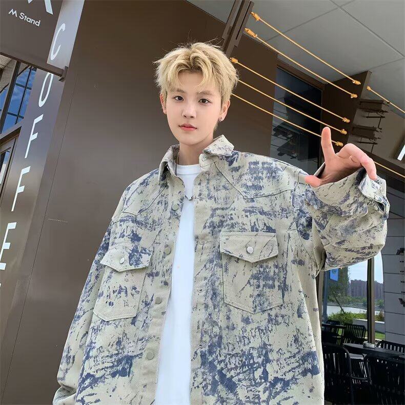 现货复古重磅涂鸦扎染牛仔衬衣男春秋2026新款宽松设计感小众,男装夹克,星座218-1（原230）