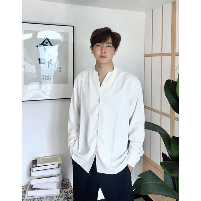禁欲系垂感V领衬衫男春秋新款纯色宽松高冷风无领长袖衬衣ins时尚,男装衬衫,星座506A