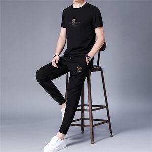 冰丝运动套装男夏季中老年薄款短袖t恤休闲时尚百搭三件套男装图片