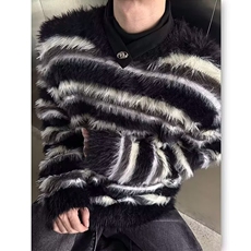 【005】秋冬黑白条纹仿貂毛圆领毛衣男女针织衫A079-MY80-P54，男装针织衫/毛衣，电商A079