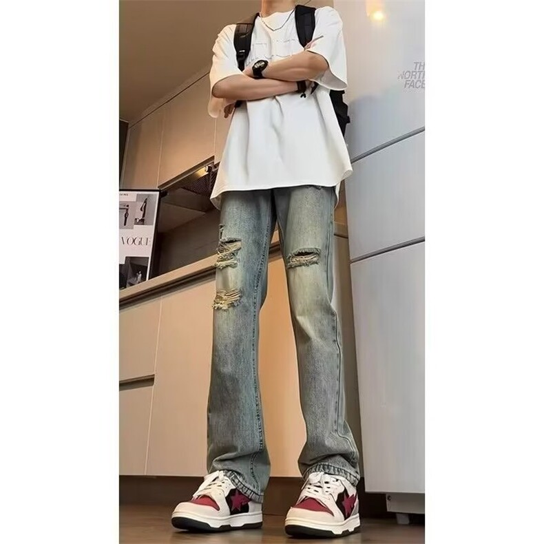 破洞直筒软牛仔裤男高腰显瘦美式复古高个子牛仔裤子NZT792,男装牛仔裤,星座516A