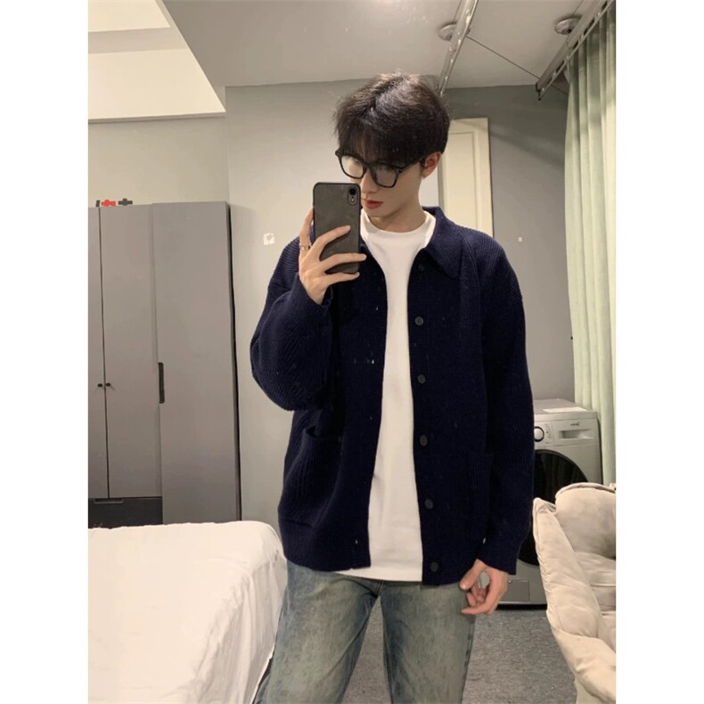 早秋新款藏青色开衫翻领毛衣休闲chic简约文艺纽扣针织衫男,男装针织衫/毛衣,星座1013-1