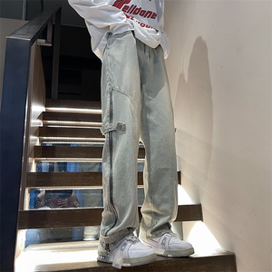做旧牛仔裤男美式复古高街潮牌拉链开叉宽松休闲直筒裤N88033-p60图片