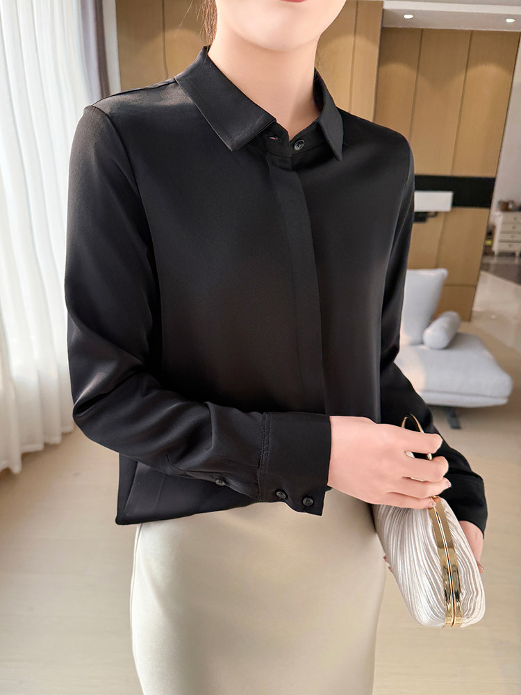 衬衫女Polo长袖春夏新款暗门襟设计感小众气质职业白衬衣,女装衬衫,恩尚羊绒